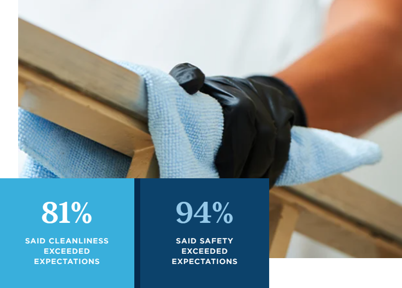 A worker wearing gloves wiping down a banister.